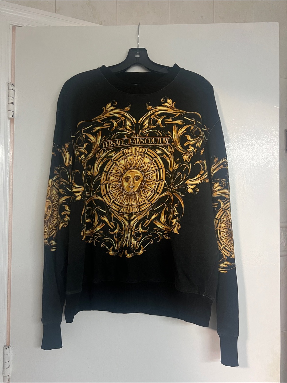 Versace Jeans Couture Black and Gold Baroque Sun Crewneck Sweater Large